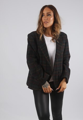 VINTAGE BLAZER JACKET FITTED WOOL CHECKED UK 16 XL (J9BJ)