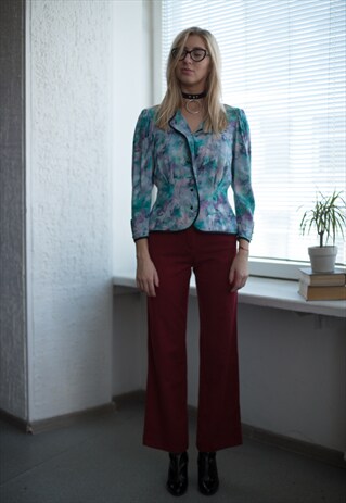 VINTAGE 70'S TURQUOISE ABSTRACT PRINT LIGHT BUTTON UP JACKET