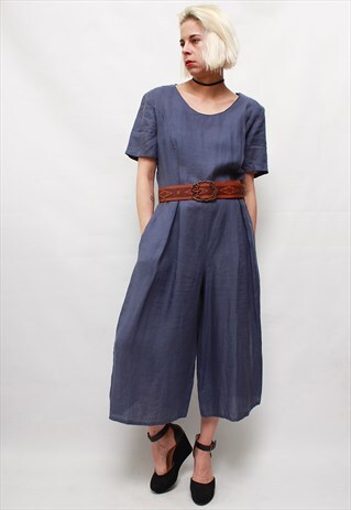 VINTAGE 80' BEAUTIFUL PURPLE LINEN WIDE LEGS JUMPSUIT