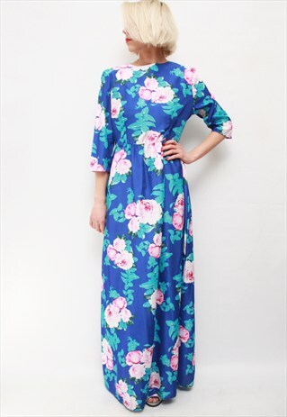 VINTAGE 70'S BEAUTIFUL UNIQUE FLOWER BLUE MAXI DRESS