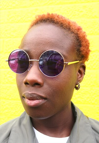 PURPLE LENS ROUND SILVER FRAME SUNGLASSES