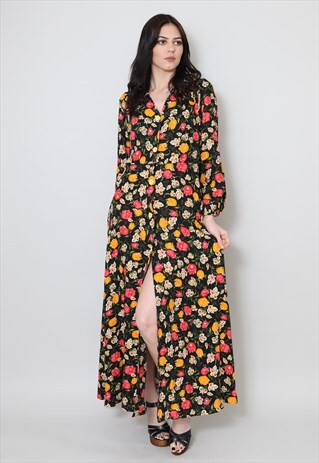 70'S VINTAGE LADIES DRESS BLACK FLORAL DAGGER COLLAR MAXI