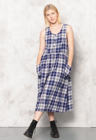 VINTAGE 80S BLUE PLAID FLANNEL SUNDRESS