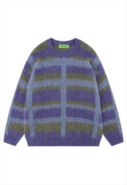 Check sweater knitted fluffy jumper striped top in purple