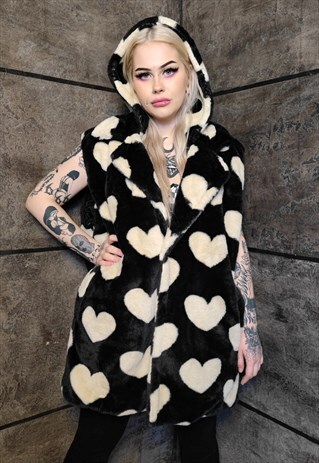 Heart fleece gilet handmade sleeveless hood jacket black
