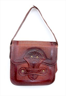 Hand Carved Maroon Leather Bag Bohemian Tooled Bag 