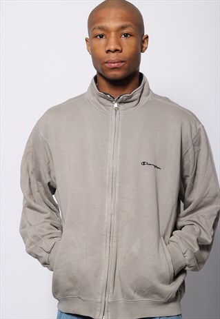 VINTAGE CHAMPION BIG SPELL OUT LOGO ZIP SWEATSHIRT GREY