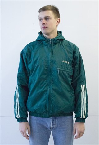 VINTAGE RETRO ADIDAS GREEN LIGHT BOMBER JACKET WITH HOOD