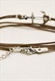 SILVER ANCHOR WRAP BRACELET WITH A BROWN CORD, GIFT FOR HER