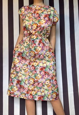 Vintage 80s midi multicoloured floral belted dress, Uk14/16