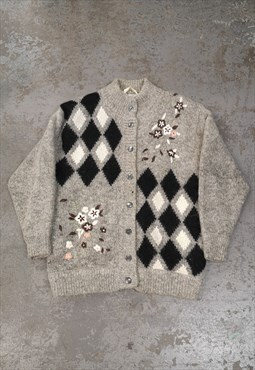 Vintage Knitted Patterned Cardigan Cute Cottagecore Flower