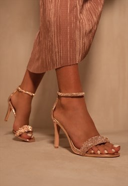 Sabra high heel sandals with diamante ankle strap rose gold