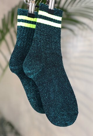 TEAL METALLIC NEON YELLOW VARSITY STRIPE SOCKS