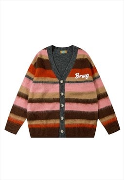 Fluffy cardigan color block soft knitwear jumper stripe top