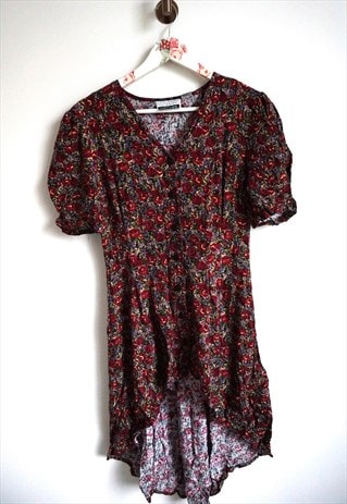 VINTAGE FLORAL DRESS FLOWERS SHORT SLEEVES MIDI ROMANTIC