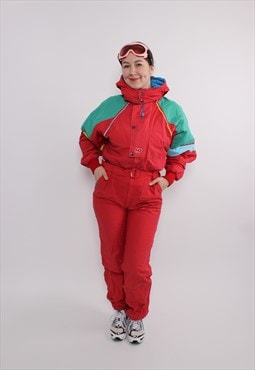 Red one piece ski suit, 90s multicolor ski jumpsuit, retro