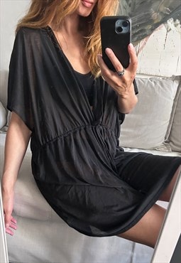 Sheer Black Tiered Flutter Sleeve Tunic - One Size Plus