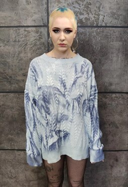 Oil wash sweater tie-dye cable knit jumper rave top in blue