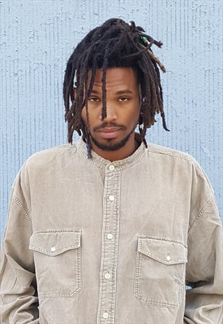 90S PREPPY SKATER SAGE GREEN CORDUROY ROUND COLLAR SHIRT XL