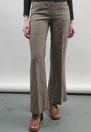 VINTAGE 90'S BEIGE CHECK FLARED TROUSERS