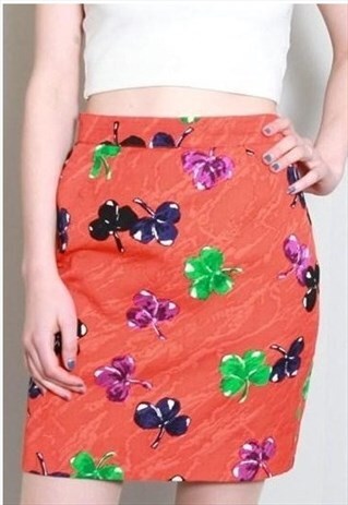 VINTAGE 1980'S VIBRANT ORANGE CLOVER PRINT PENCIL SKIRT