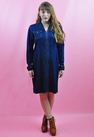 VINTAGE Y2K BLUE DENIM ZIP THROUGH DRESS