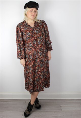VINTAGE 1960'S MAROON FLORAL MIDI BOHO BOHEMIAN DRESS 14 16