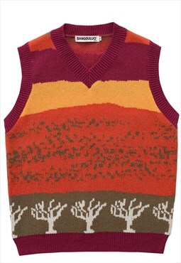 Earth print sweater vest sleeveless knitted tank top purple