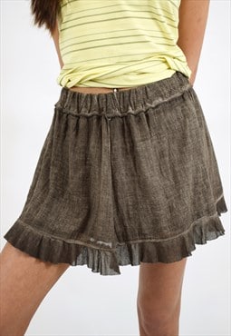 Vintage Y2K Frilly Mini Skirt, Khaki Brown