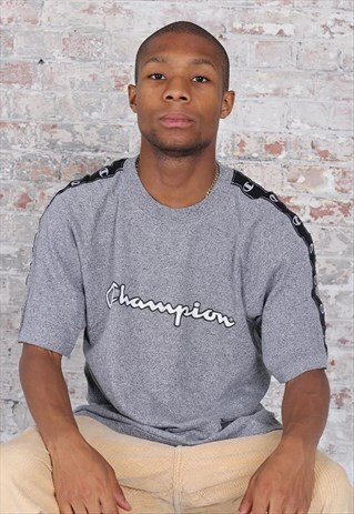 VINTAGE CHAMPION TAPE LOGO V-NECK T-SHIRT GREY