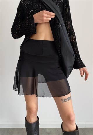 Preloved sheer black mini ruffle skirt