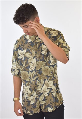 VINTAGE BEIGE LEAVES HAWAIIAN 90S PATTERN SHIRT