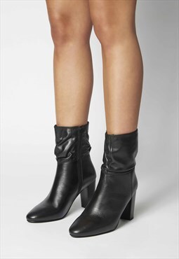 JANE - Real Leather Heeled Slouchy Boots in Black