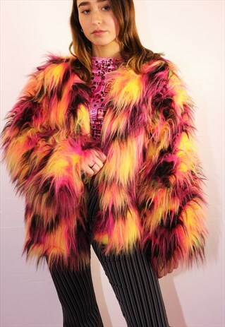 FAUX FUR/FLUFFY COAT IN PINK PATCHWORK
