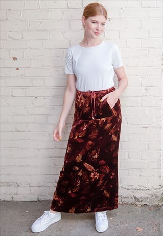 70'S VINTAGE VELVET KENZO MAXI SKIRT -TIE WAIST - RED/BROWN
