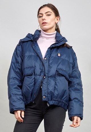 VINTAGE 90'S NAVY BLUE HOODED DOWN PUFFER JACKET
