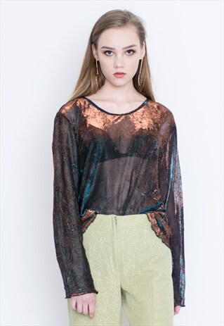 VINTAGE MULTI SHINY GLITTER SEE THROUGH RETRO BLOUSE