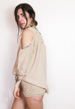 FAIRTRADE OATMEAL CROCHET COLD SHOULDER TOP