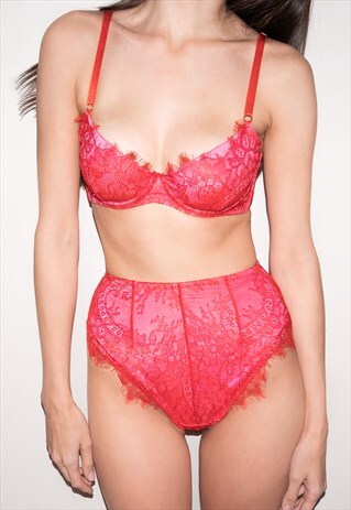 LOVEJILTY LACE PADDED LINGERIE SET BRA PANTIES FUCHSIA RED