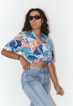 90s Blue Flower Patchwork Vintage Shirt Blouse Button Up