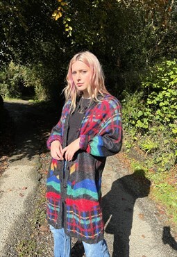 Vintage 90s Abstract Tartan Cape Knitted Long Cardigan