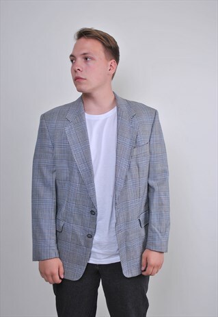 80S GRAY PLAID WOOL SUIT BLAZER, SIZE M