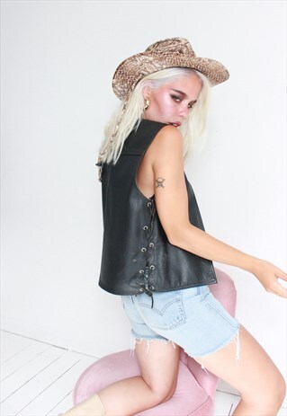 VINTAGE 80S BLACK LEATHER LACE UP BIKER WAISTCOAT
