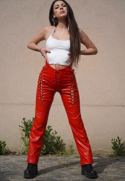 Festival High Waist Lace Up Faux Leather Pants in red