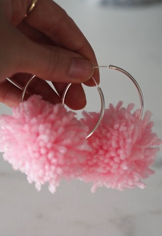SILVER PLATED HOOPS WITH PINK POM POMS