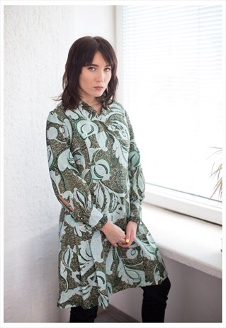 VINTAGE 60'S GREEN PATTERNED LONG SLEEVED DRESS
