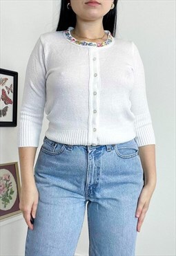 Vintage 90s floral white knit cardigan