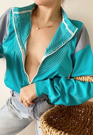 VINTAGE 80S TURQUOISE SWEATSHIRT TRACKSUIT JACKET FULL ZIP