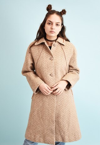 VINTAGE 70'S RETRO NEUTRAL TWEED JAZZY WOOLEN COAT