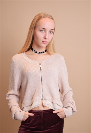 VINTAGE 90'S VERA WANG NEUTRAL KNIT CARDIGAN CROP TOP
